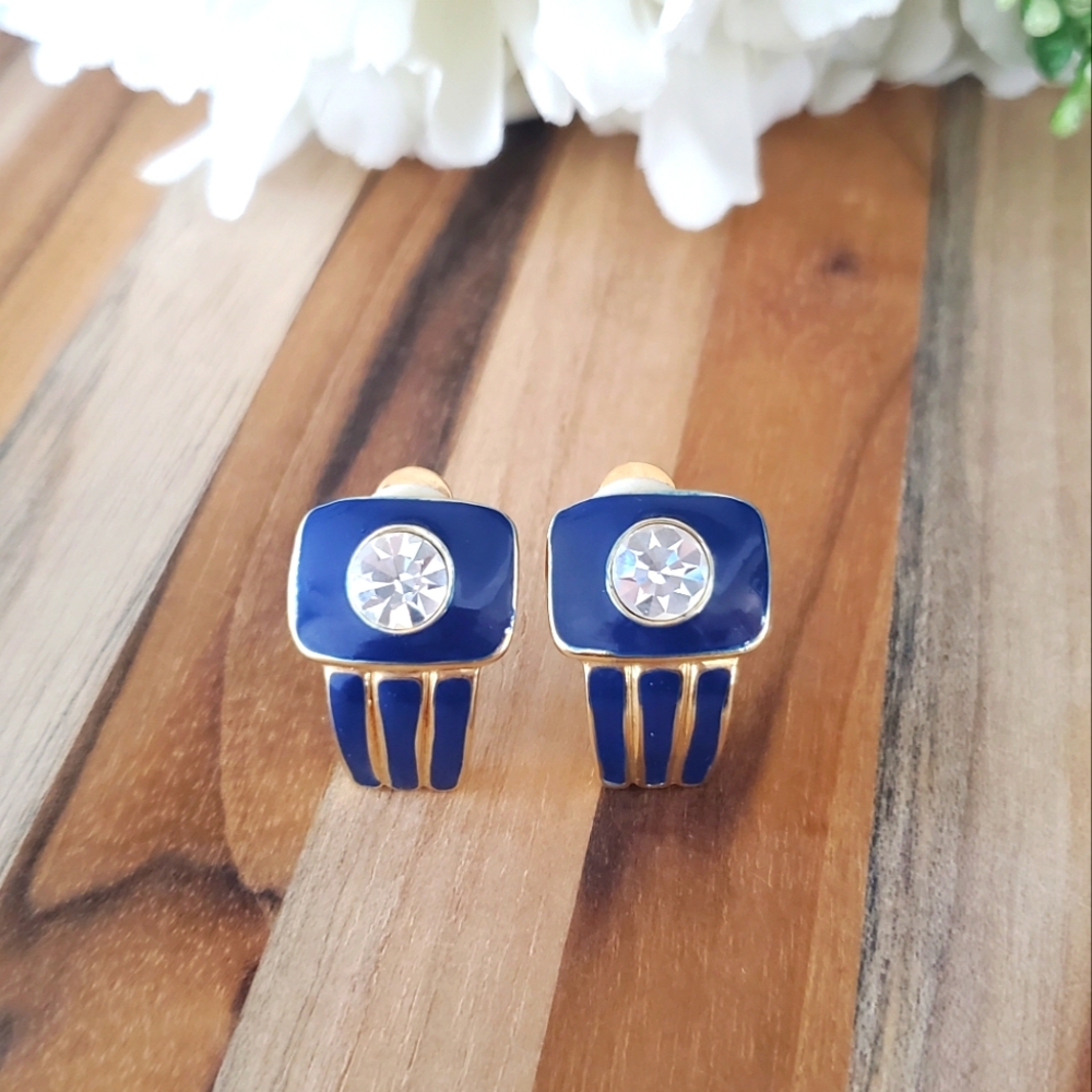 Earrings - Vintage Clip-on Earrings - Navy Blue and Gold Colour